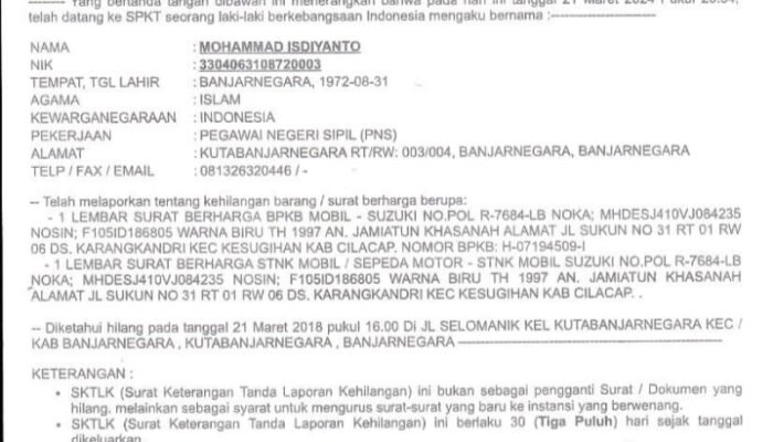Kehilangan BPKB dan STNK Mobil Suzuki Nopol R-7684-LB Atas Nama Jamiatun Khasanah, Hilang di Banjarnegara